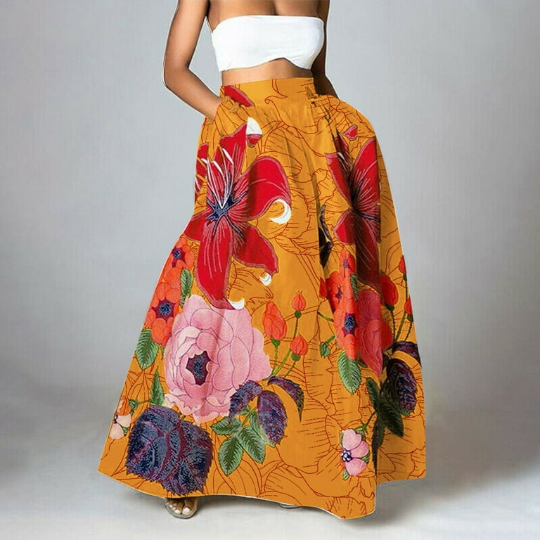 Orange Skirts for Women Fashion Printed Large Swing Skirt Loose Pocket Half Length Skirt Maxi Skirt Walmart