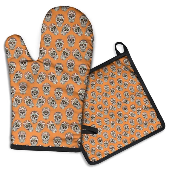 Orange Skull Pattern Kitchen Oven Mitt and Pot Holder Sets 2 Pcs for Baking, Cooking and Grilling, Heat Resistant Up To 392 °F