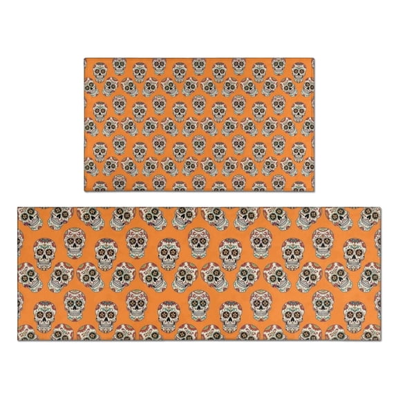 Orange Skull Pattern Kitchen Rugs Sets Of 2,Anti Fatigue Kitchen Mat Rugs Non Slip Washable,Decorative Kitchen Floor Mats for Kitchen,Sink,Laundry,17"x30"+17"x47"