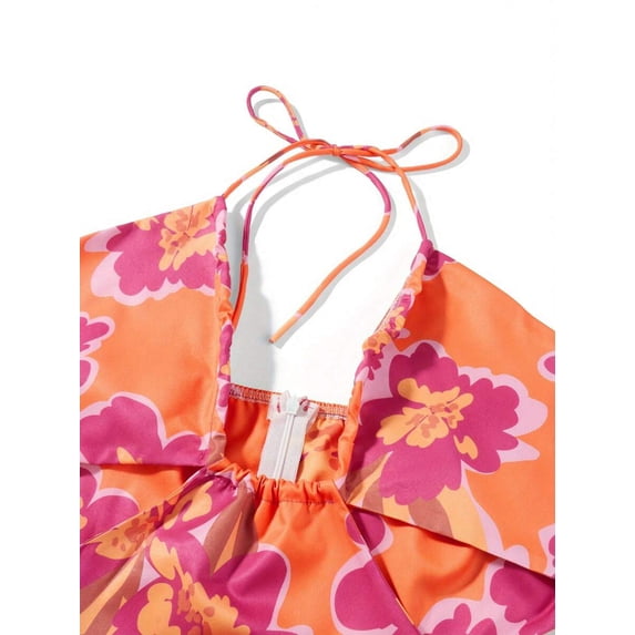 Orange Sleeveless Halter Maxi Dress With Vibrant Floral Print, Tie-Up Ruched Backless Cutout Design