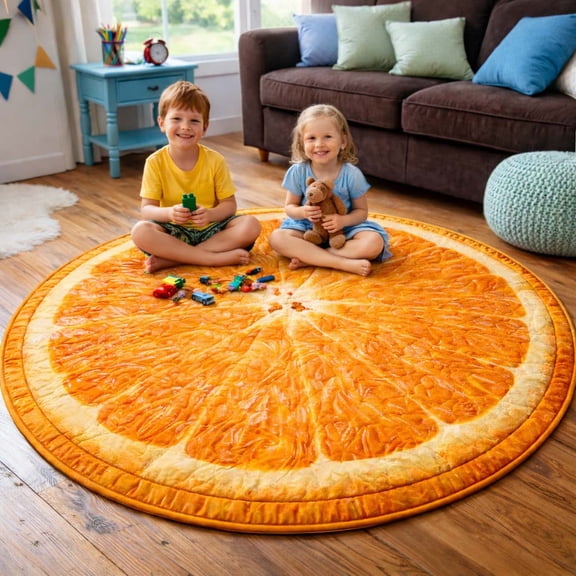 Orange Slice Fun Quilted Round Mat, Orange Fruit Round Floor Mat, Food Theme Home Decor Rug, Quilted Indoor Carpet for Kitchen Dining Room