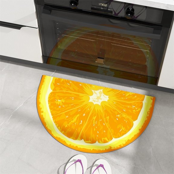 Orange Slice Shaped Kitchen Mat, Thick Heavy Rubber Doormat, Non-Slip, Half Circle Hallway Entrance Rug, Dirt Trapping Floor Mat, Water Absorbent Bath Rug, Soft Low Pile, Easy to Clean, 27.5" x 17.3"