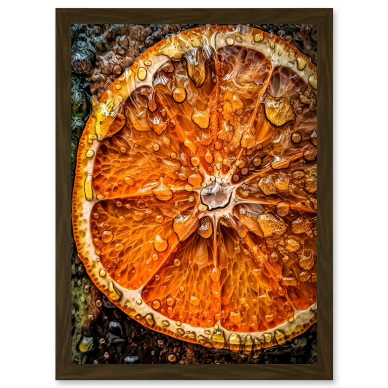 Orange Slice with Juice Droplets Macro Painting Artwork Framed