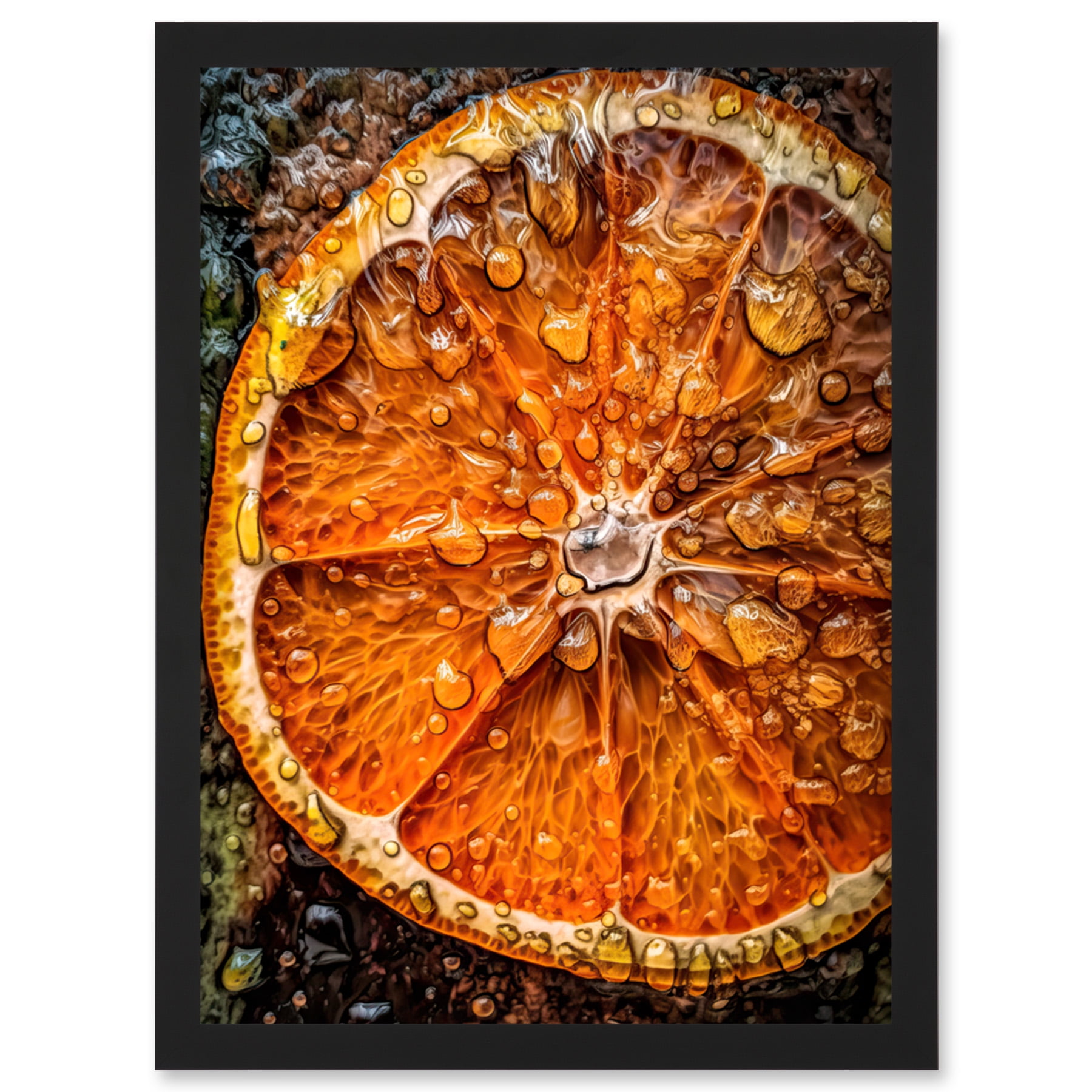 Orange Slice with Juice Droplets Macro Painting Artwork Framed