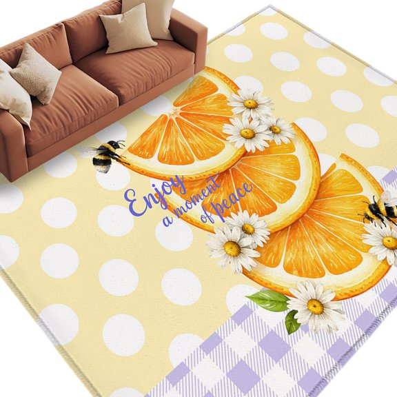 Orange Slices Daisy Area Rug 8x10 Washable Rug Non Slip Bee Yellow Polka Dot Purple Farm Plaid Large Area Rug Soft Stainresistant Indoor Floor Carpet for Living Room Bedroom Office Dining Room