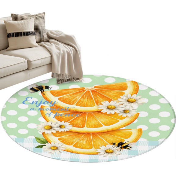Orange Slices Daisy Round Rug 3ft Washable Circle Entryway Rugs Non Slip Bee Polka Dot Plaid Sunny Mint Green Area Rug Indoor Floor Carpet for Bedroom Kitchen Living Room Office Dining Room Nursery