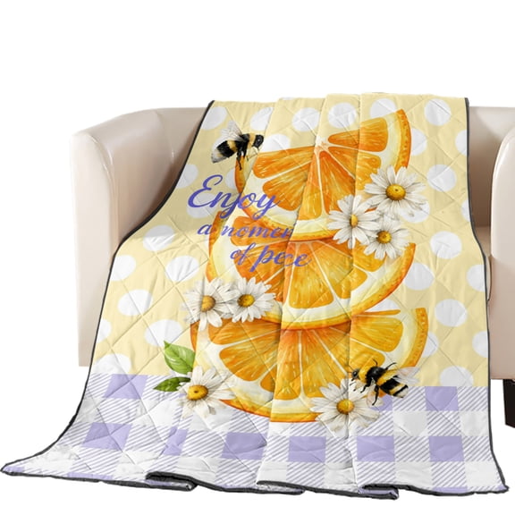 Orange Slices Quilted Comforters Cooling Blanket Oversized King Size, Daisy Honeybee Polka Dots Yellow Purple Plaid Cold Comfort for Hot Sleepers Lightweight Air Conditioning Quilt Blanket for Bed