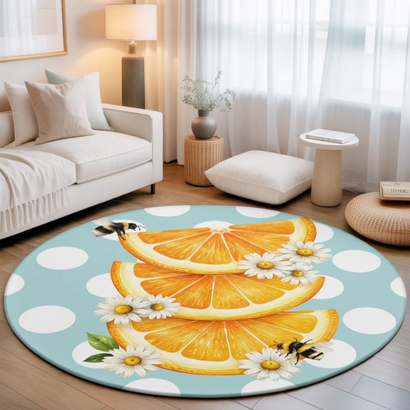 Orange Slices Round Living Room Rugs 6 ft, Daisy Honeybee Polka Dots Blue Washable Area Rug with Non-Slip Sturdy Edge Binding Round Carpet for Kitchen Office Bedroom