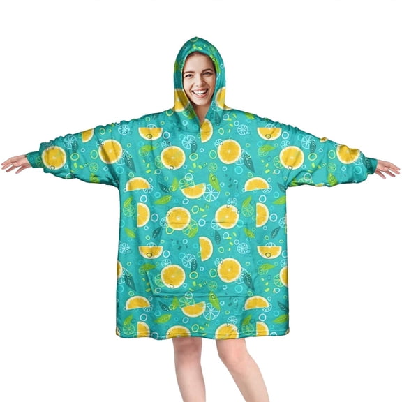 Orange Slices Turquoise Pattern Wearable Oversized Blanket,Wearable Blanket Hoodie for Adults,Cozy Hooded Blankets with Super Pockets,Super Warm Fuzzy Pullover for Women & Men