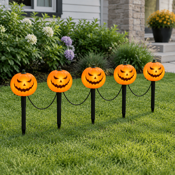 Orange Smiley Pumpkin Lights, 10.5FT 5pk C7 LED Outdoor Pathway Stake Lights