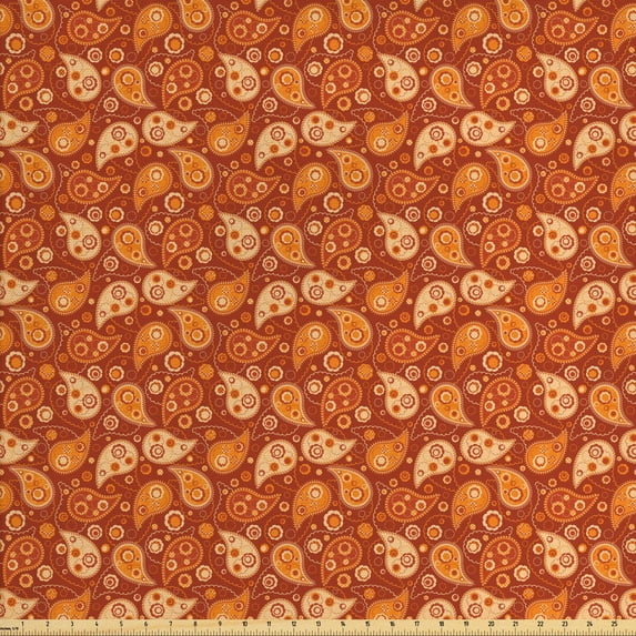 Ambesonne Orange Fabric by the Yard Upholstery, Retro Paisley Flowers, 2 Yards, Redwood Orange Cream