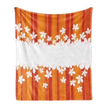 Orange Soft Flannel Fleece Blanket, Autumnal Color Vertically Striped Backdrop with Little Wildflowers Border, Cozy Plush for Indoor and Outdoor Use, 70" x 90", Orange Marigold White, by Ambesonne