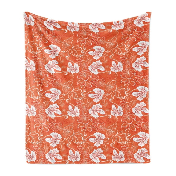 Orange Soft Flannel Fleece Blanket, Hawaiian Pattern with Tropical Climate Hibiscus Flowers Abstract Summer Flourish, Cozy Plush for Indoor and Outdoor Use, 50" x 60", Orange White, by Ambesonne