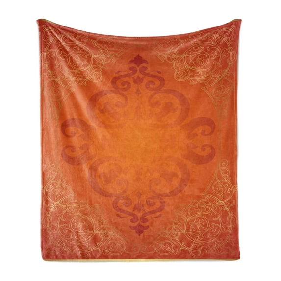 Orange Soft Flannel Fleece Blanket, Royal Antique Motifs with Victorian Swirls Vintage Traditional Revival Framework, Cozy Plush for Indoor and Outdoor Use, 60" x 80", Orange Yellow, by Ambesonne