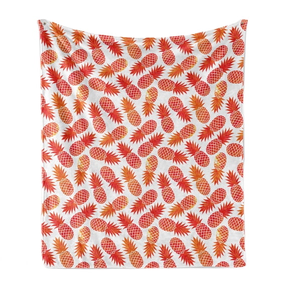 Orange Soft Flannel Fleece Blanket, Vintage Pattern of Tropical Exotic Climate Fruits Pineapples Hawaii Summer Design, Cozy Plush for Indoor and Outdoor Use, 60" x 80", Orange White, by Ambesonne