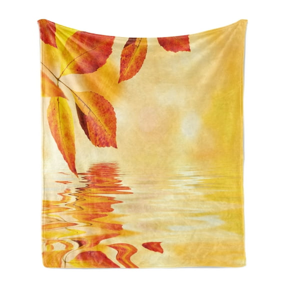 Orange Soft Flannel Fleece Throw Blanket, Autumn Maple Leaves Shadow on the Water Mystic Sun Image, Cozy Plush for Indoor and Outdoor Use, 50" x 70", Earth Yellow Orange, by Ambesonne