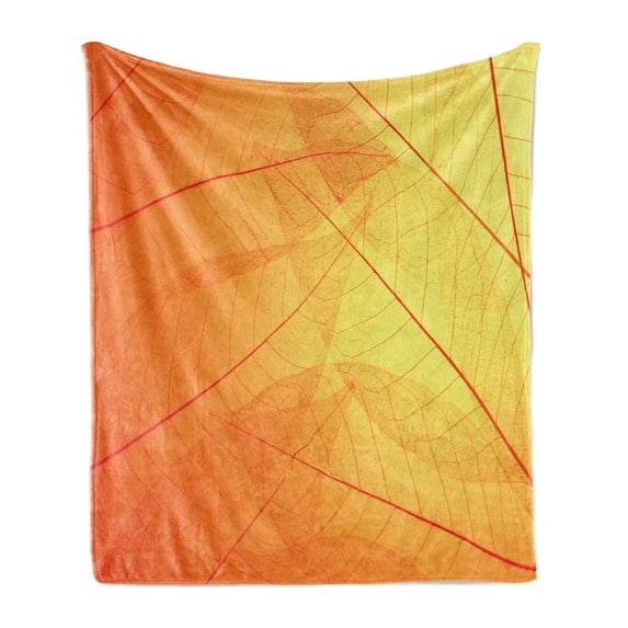 Orange Soft Flannel Fleece Throw Blanket, Autumn Nature Fall Season Themed Dried Leaves with Skeleton Vivid Veins Close, Cozy Plush for Indoor and Outdoor Use, 50" x 60", Orange Yellow, by Ambesonne