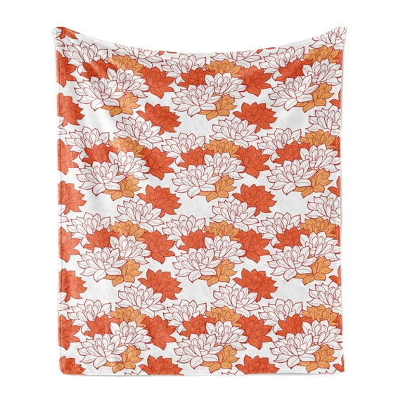 Orange Soft Flannel Fleece Throw Blanket, Blossoming Hand Drawn Lotus Leaves Garden Flowers Botanical Nature Theme, Cozy Plush for Indoor and Outdoor Use, 60" x 80", Orange Ruby Salmon, by Ambesonne