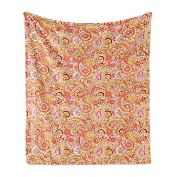 Orange Soft Flannel Fleece Throw Blanket, Design Elements Traditional Paisley Floral Pattern Swirls Leaves Motif, Cozy Plush for Indoor and Outdoor Use, 50" x 60", Multicolor, by Ambesonne