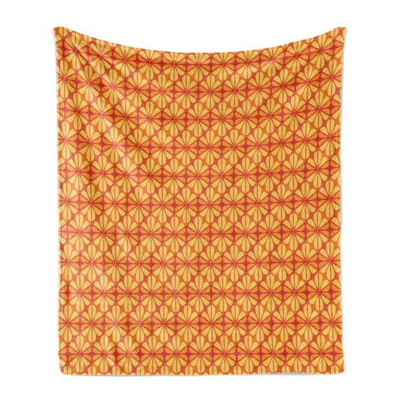 Orange Soft Flannel Fleece Throw Blanket, Geometric Grid Design with Floral Motifs Modern Design Warm Colors, Cozy Plush for Indoor and Outdoor Use, 70" x 90", Vermilion Orange, by Ambesonne