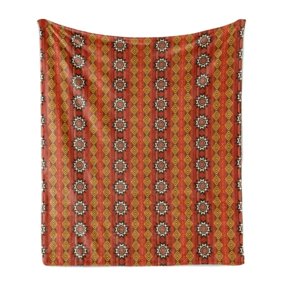 Orange Soft Flannel Fleece Throw Blanket, Indigenous Cultural Motif Pattern Traditional Borders, Cozy Plush for Indoor and Outdoor Use, 50" x 60", Orange Yellow and White, by Ambesonne