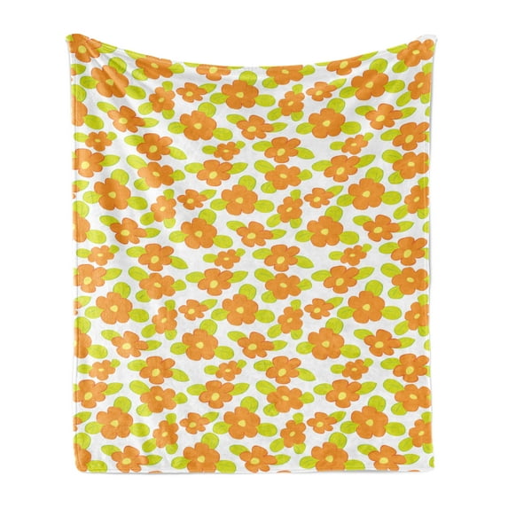 Orange Soft Flannel Fleece Throw Blanket, Kids Theme Girlish Pattern with Doodle Flowers and Green Leaves, Cozy Plush for Indoor and Outdoor Use, 50" x 70", Apple Green Orange, by Ambesonne