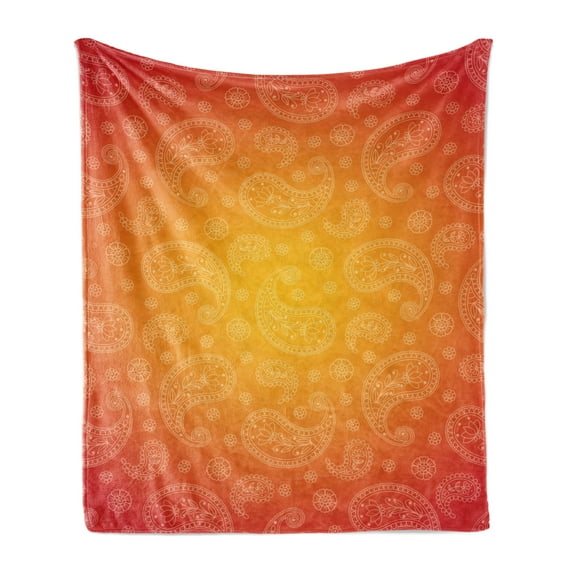 Orange Soft Flannel Fleece Throw Blanket, Ombre Colored and Themed Image with Blank Frame and Floral Patterns, Cozy Plush for Indoor and Outdoor Use, 50" x 70", Orange and White, by Ambesonne