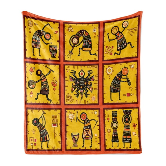 Orange Soft Flannel Fleece Throw Blanket, Patterns Aboriginal Native Culture Arrangement, Cozy Plush for Indoor and Outdoor Use, 70" x 90", Coral Black Yellow, by Ambesonne