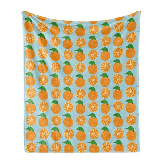 Orange Soft Flannel Fleece Throw Blanket, Repetitive Vitamin C Half Cut Fruits Leaves Drawing Illustration Print, Cozy Plush for Indoor and Outdoor Use, 70" x 90", Pale Blue and Orange, by Ambesonne