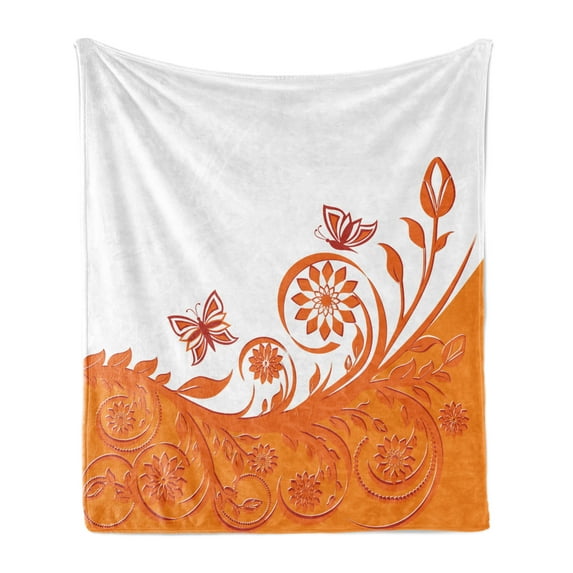 Orange Soft Flannel Fleece Throw Blanket, Rose Branch Motif with Floral Swirls in Old Fashioned Style Butterflies, Cozy Plush for Indoor and Outdoor Use, 50" x 70", Orange White, by Ambesonne
