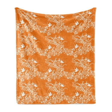 Orange Soft Flannel Fleece Throw Blanket, Style Spring Meadow Pattern with Branches in Full Blossom with Birds Nature, Cozy Plush for Indoor and Outdoor Use, 60" x 80", Orange White, by Ambesonne