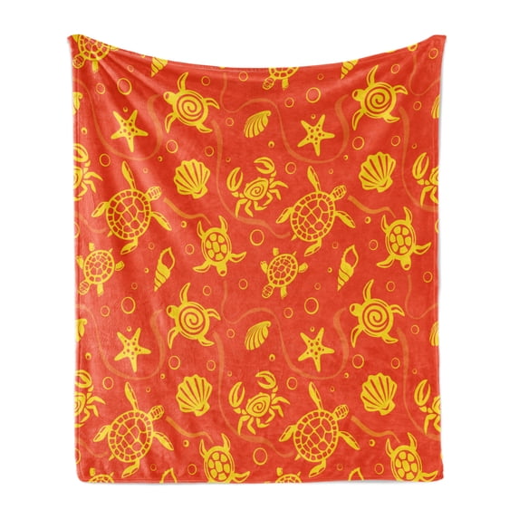 Orange Soft Flannel Fleece Throw Blanket, Swimming Turtles and Crabs with Seashells Bubbles and Starfish Tropical, Cozy Plush for Indoor and Outdoor Use, 70" x 90", Burnt Orange Yellow, by Ambesonne