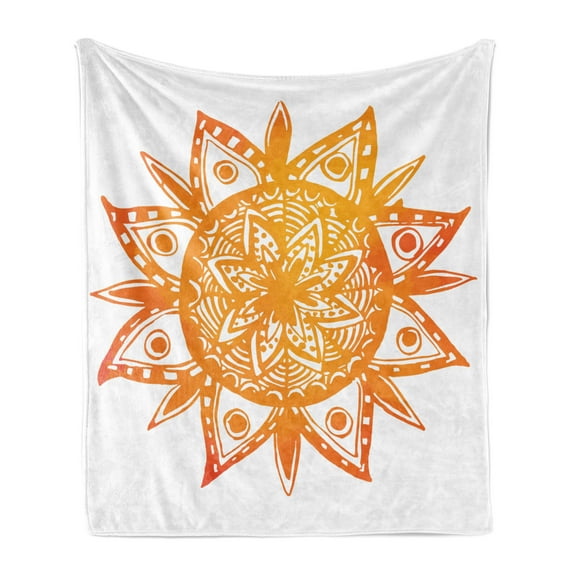 Orange Soft Flannel Fleece Throw Blanket, Watercolor Style Hand Drawn Sun Mandala Print, Cozy Plush for Indoor and Outdoor Use, 50" x 60", Orange White, by Ambesonne