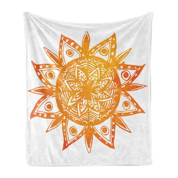 Orange Soft Flannel Fleece Throw Blanket, Watercolor Style Hand Drawn Sun Mandala Print, Cozy Plush for Indoor and Outdoor Use, 70" x 90", Orange White, by Ambesonne