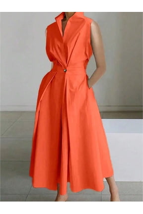 Orange Solid Color Minimalist Stand Collar Sleeveless A-Line Midi Dress For Women