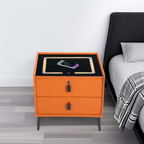 Orange Solid Wood 50x40x46cm Intelligent Bedside Table Multifunctional Locker Fingerprint Lock/Wireless Charger/Bluetooth Speaker