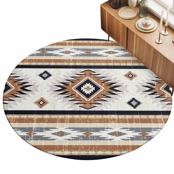 Orange Southwestern Area Rug, Native Aztec Ethnic Style Geometric Non-Slip Felt Rubber Backing Round Indoor Carpet Washable Rugs for Living Room Bedroom 3ft