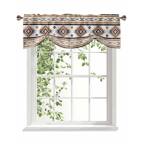 Orange Southwestern Tie Up Valances Curtain, Adjustable Kitchen Native Aztec Ethnic Style Geometric Valances for Windows Decor, Rod Pocket Short Curtains Set for Bedroom/Bathroom, 42"x18"