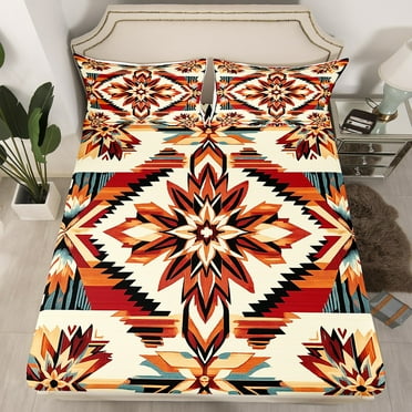 Orange Southwestern Twin Fitted Sheet,Tribal Aztec Bed Sheets,Geometric Diamond Bedding Set,Western Country Vintage Floral Decor Sheets（No Top Sheet）
