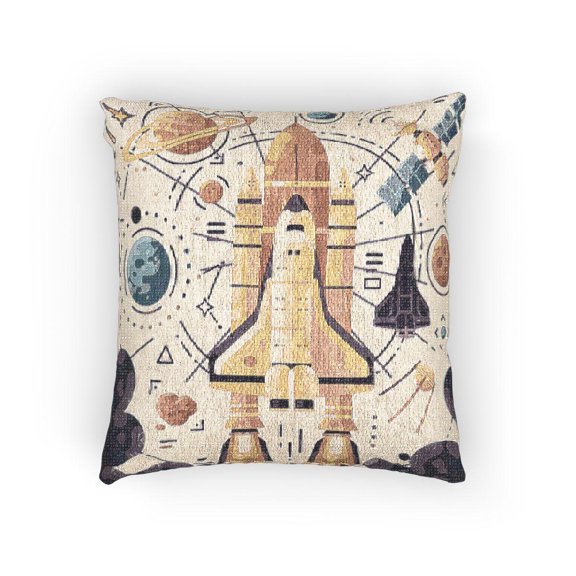 Orange Space Shuttle and Planets Decorative Woven Pillow, Cotton-Polyester Shell, Space Theme, 17 x 18 in