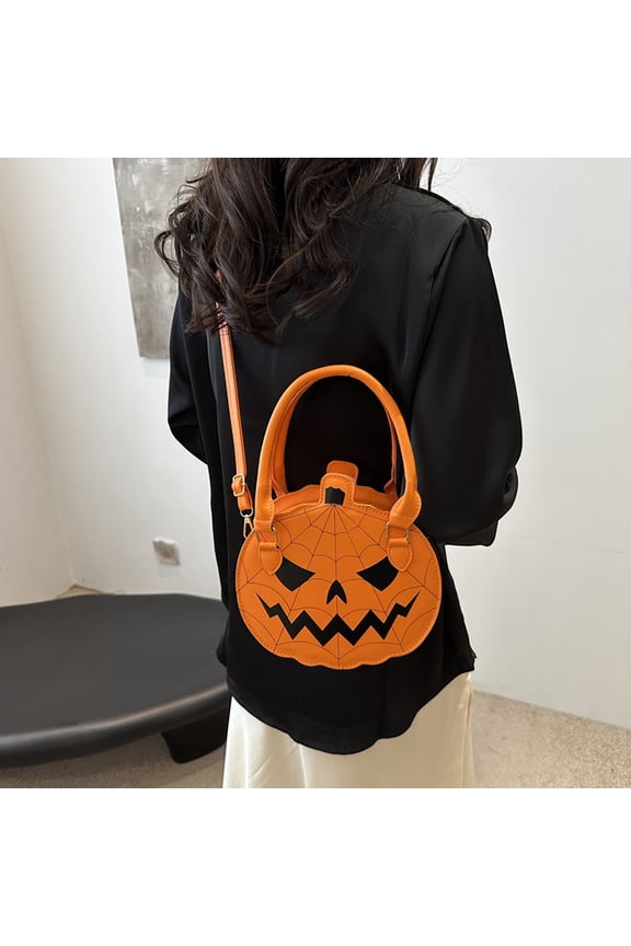 Orange Spider Web Pumpkin Handbag, Halloween Jack O Lantern Crossbody Purse with Top Handle, Adjustable Strap Trick Or Treat Mini Shoulder Bag for Women Girls