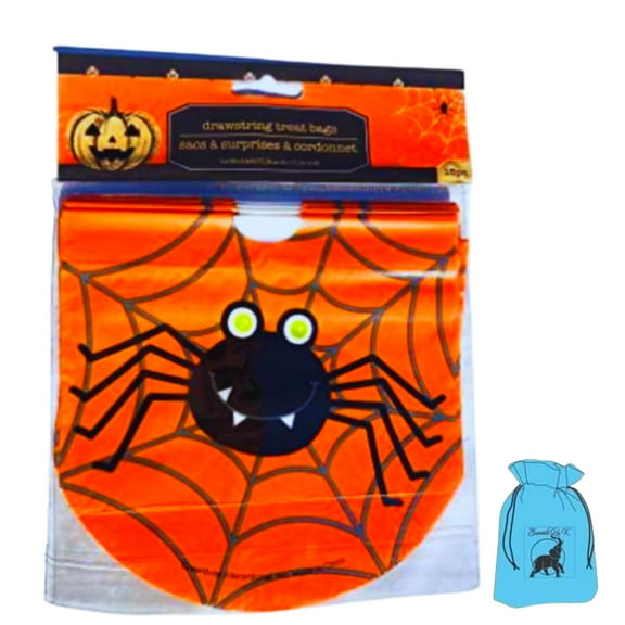 Orange Spiderweb Drawstring Treat Bags, 6-in Plastic Halloween Loot Bag Fall Autumn DIY Candy Surprise Home Office School Party Supplies Giveaways Favors Decoration Gift Pack of 15 with EBK Bag