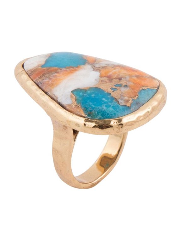 Orange Spiny Oyster and Blue Turquoise Matrix Abstract Golden Ring