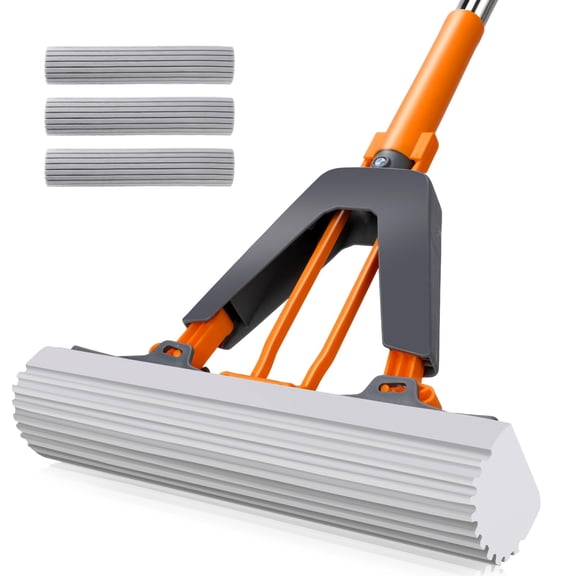 Orange Sponge Mop with 3 Absorbent Refills for Floor Cleaning
