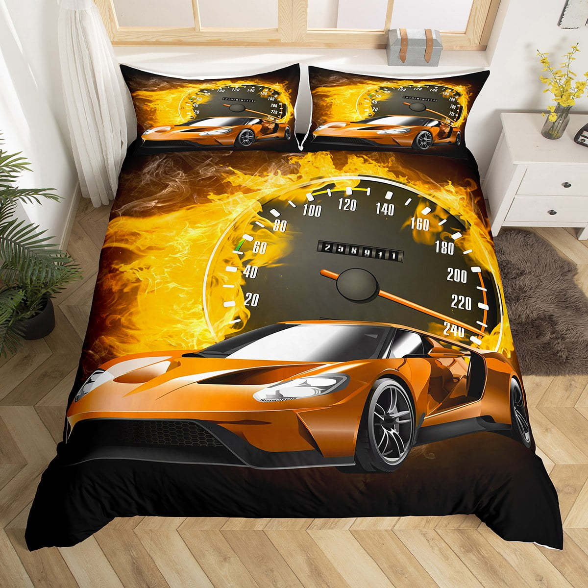 Orange Sports Car Comforter Cover,Cool Speed Race Cars Racing Games