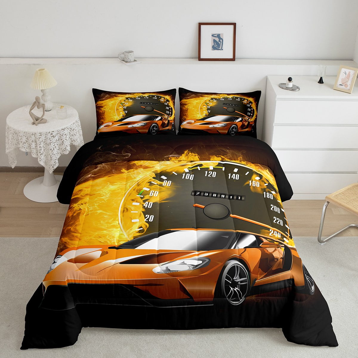 Orange Sports Car Comforter Set,Cool Speed Race Cars Racing Games