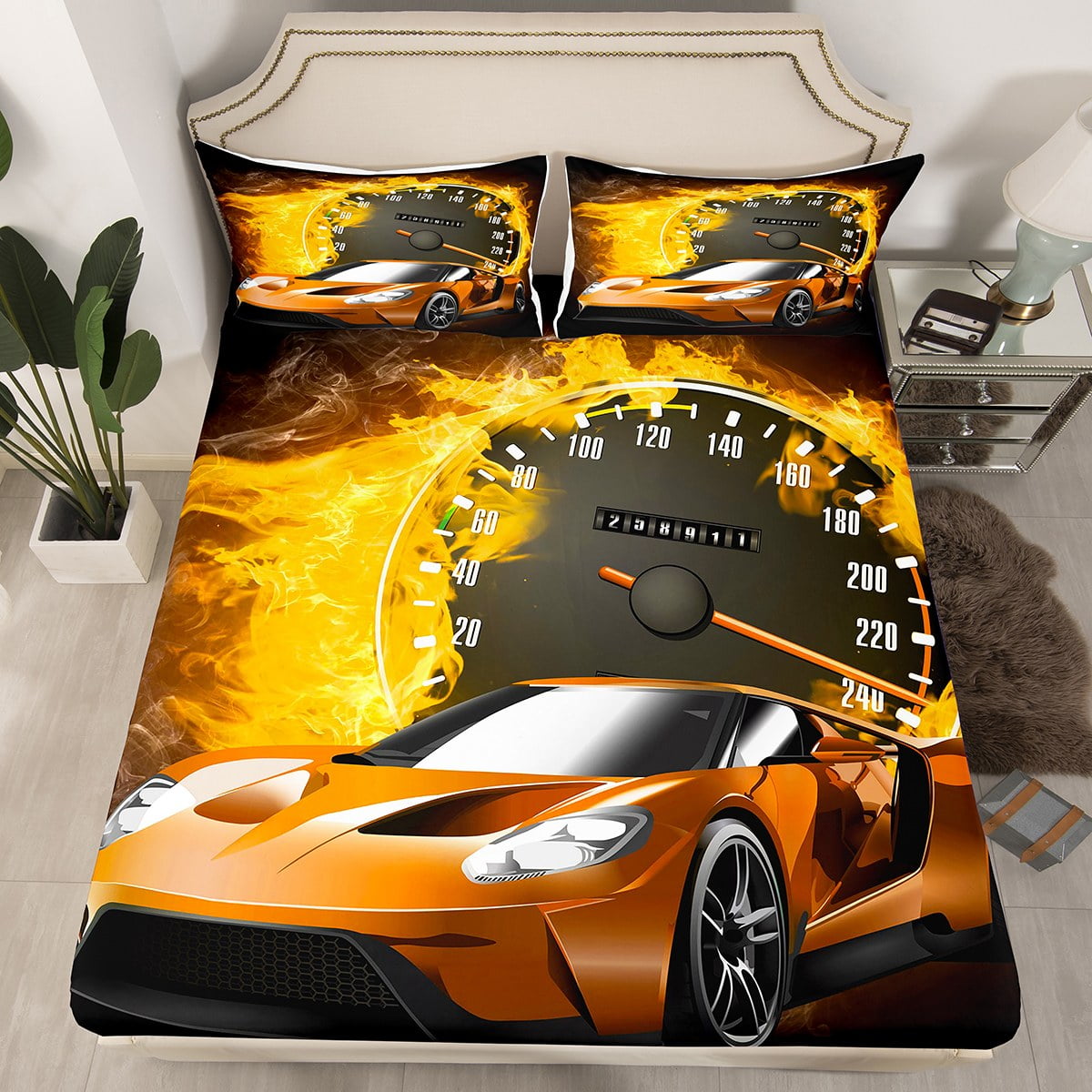 Orange Sports Car Sheets,Cool Speed Race Cars Racing Games Bed Sheets