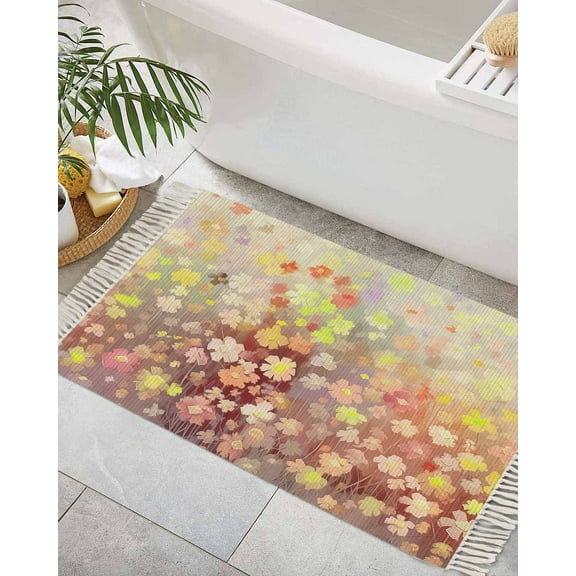 Orange Spring Floral Bath Rug 2x3ft Woven Bathroom Entryway Runner Rug,Modern Oil Painted Daisy Botanical Washable Living Room Hallway Bedroom Kitchen Carpet with Tassels,Indoor Outdoor Doormat
