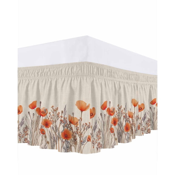 Orange Spring Floral Bed Skirt Queen Size, Watercolor Farmhouse Botanical Wrap Around Bed Skirting with Adjustable Elastic Strap, Dust Ruffle Pleated Bedskirts 16 Inch Drop for Bedroom Queen Beds