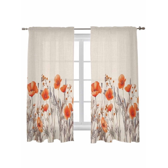 Orange Spring Floral Curtains 63 Inch Length, Sheer Curtains for Bedroom Living Room Window Watercolor Farmhouse Botanical Rod Pocket Voile Drapes Kitchen Curtains Small Half Window 42"x63" 2 Panels